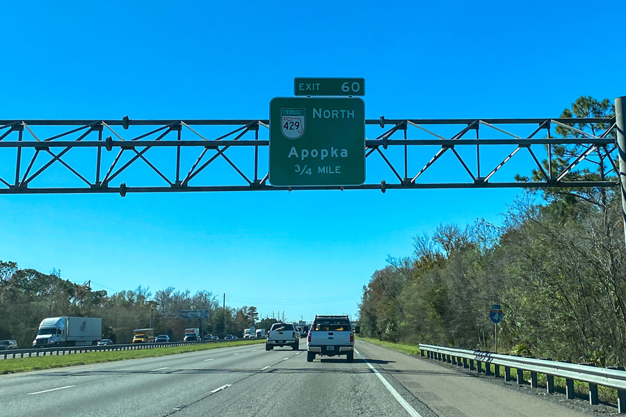 Highway sign on Interstate 4 leading to Highway 429 towards Apopka, Florida. January 20, 2020. Orlando, FL. Editorial credit: Joni Hanebutt / Shutterstock.com, licensed.