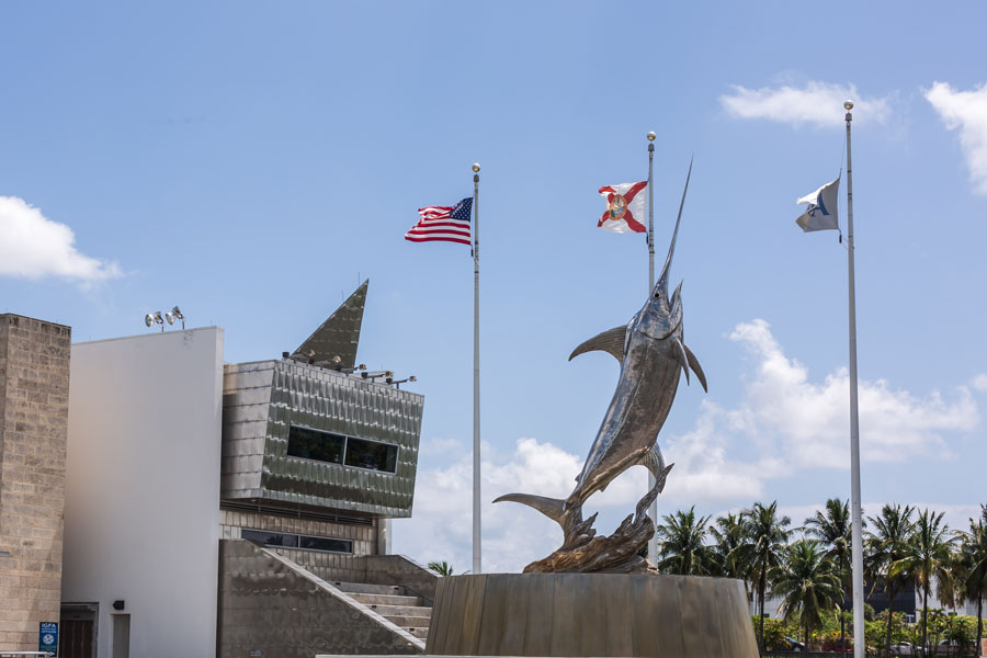 The IGFA International Game Fish Association with the Marlin Statue in front. Museum with world records in fishing. Teach kids to fish. Dania Beach, Florida, June 26, 2019.