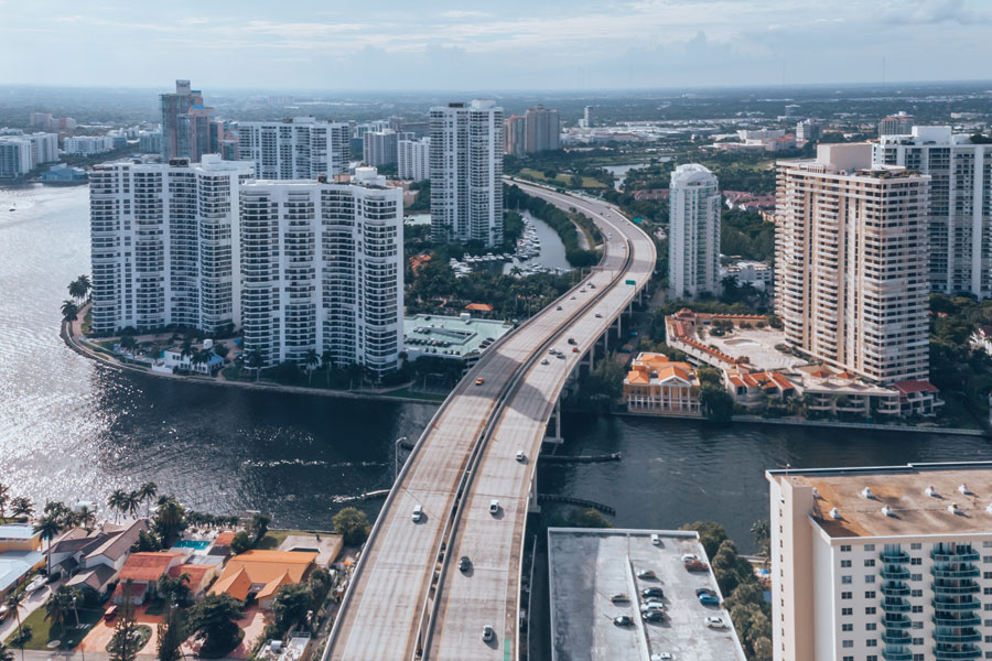 Aerial View on Skyscrapers and Buildings Aventura City. Real Estate in Aventura City, FL. Aventura, Florida, October 20, 2019. 