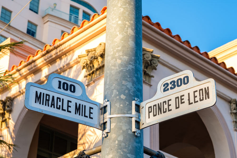 Cityscape sign view of the popular Miracle Mile in downtown Coral Gables, Florida. Photo credit ShutterStock.com, licensed.