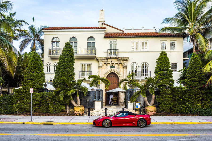 A Ferrari in front of the Versace mansion on August 20, 2014. In 1997 the world gasped as Gianni Versace was shot to death on the doorstep of his South Beach mansion in Miami. 