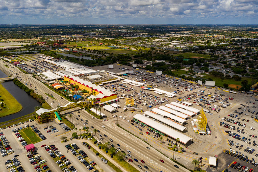 An aerial photo of thrift, flea and farmers market in Sunrise FL on March 16, 2020. 