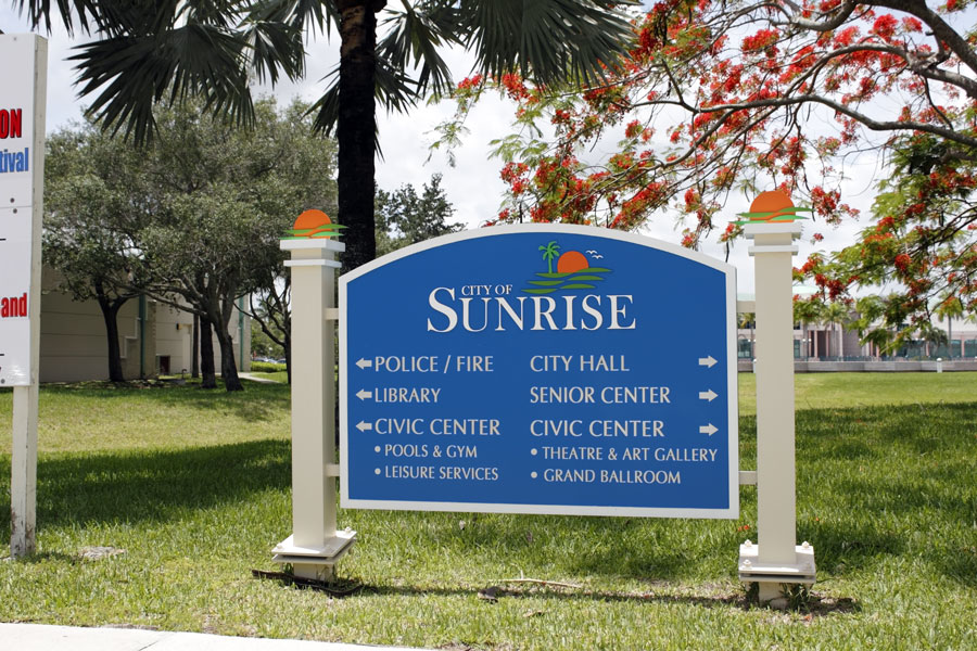 The entrance sign for various government agencies and public buildings in Sunrise, Florida. File photo credit: Serenethos, Shutterstock.com, licensed.