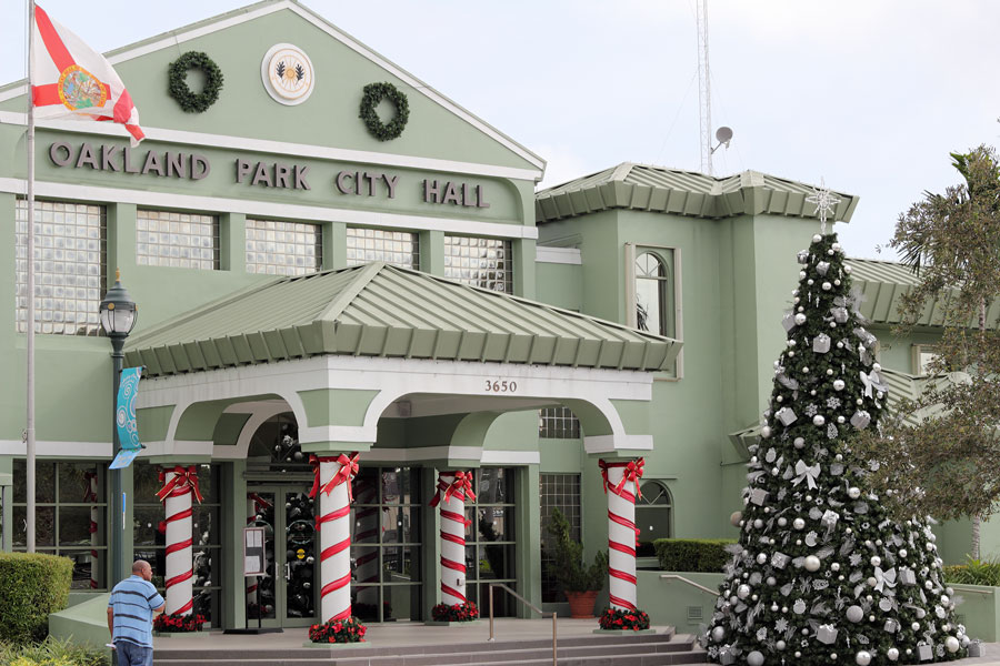 The Oakland Park City Town Hall building decorated for the winter holiday season. 