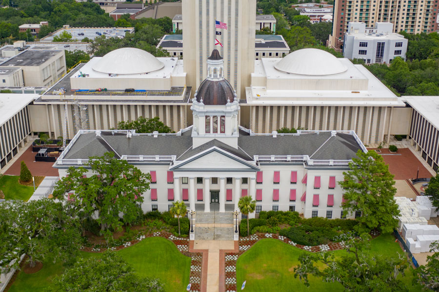 Aerial photo of the Florida State Capitol Building in Tallahassee.