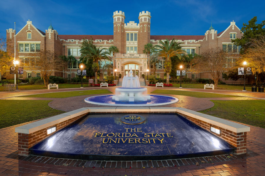 Dawn at Westcott Plaza on the campus of Florida State University on December 7, 2014 in Tallahassee, Florida. File photo credit: Nagel Photography, Shutterstock.com, licensed.