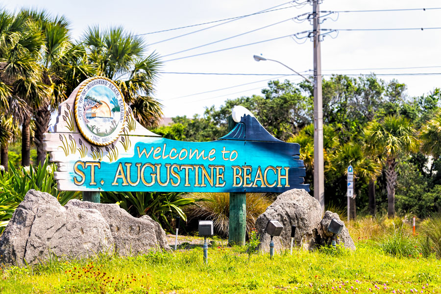 Augustine Beach sign, a historic small city between the Intracoastal Waterway to the west and the Atlantic to the east. 
