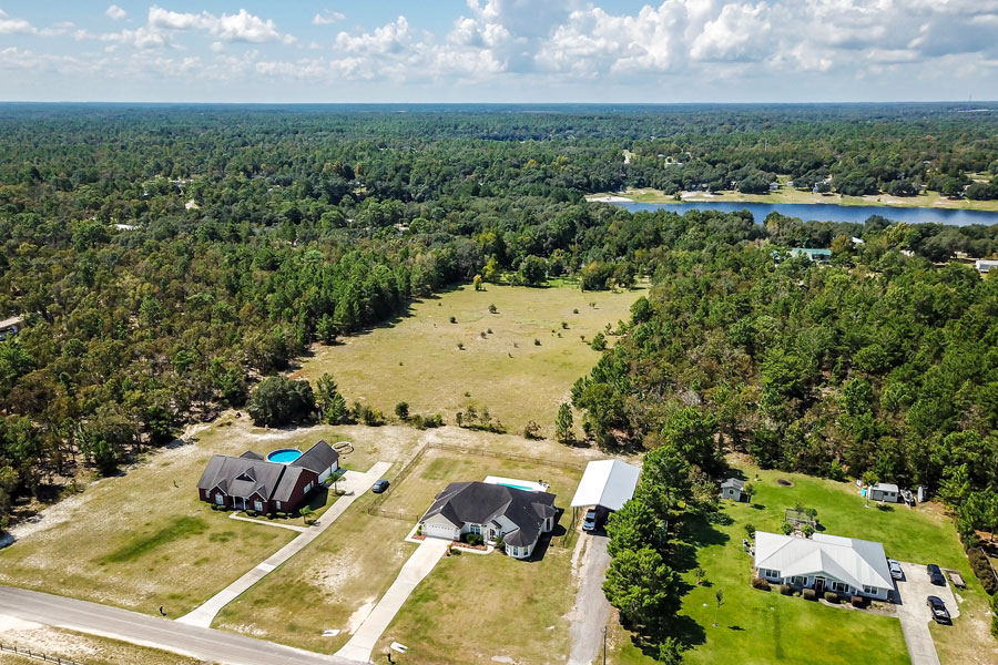 An aerial view of homes with lots of land and privacy in Keystone Heights, Florida on October 8 2019. 