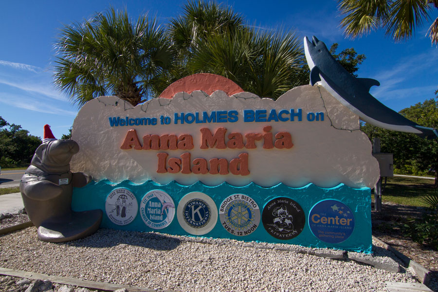 A Anna Maria Island Holmes Beach sign welcomes visitors and residents. Anna Maria Island, Florida on December 26, 2018.
