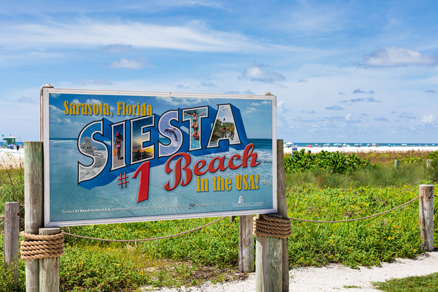 Siesta Beach Sarasota Sign on the Beach in Siesta Key, Sarasota, Florida